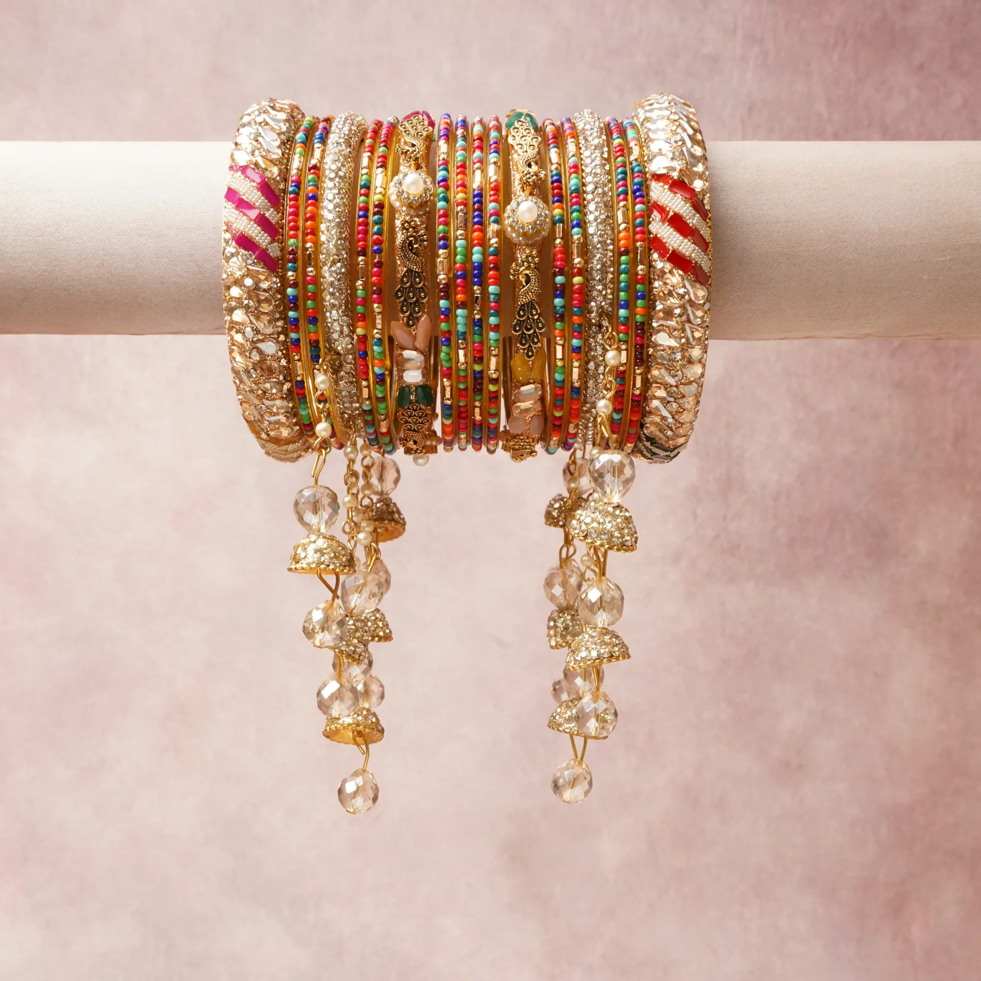 The Femminari Crown- Jewellery beyond luxury. A crown Multi colour set, complemented by Crimson Red, Magenta Pink, Olive Green, Emerald Green, Teal, Cerulean Blue, Bright Orange, Sunny Yellow, Peach, Lavender, Pearl White, Clear, featuring Gold-toned Base Metal, Glass Beads, Rhinestones, Faux Pearls, Crystal, Enamel, Colored Glass. A treat for the eyes, hands and heart- absolutely unforgettable.